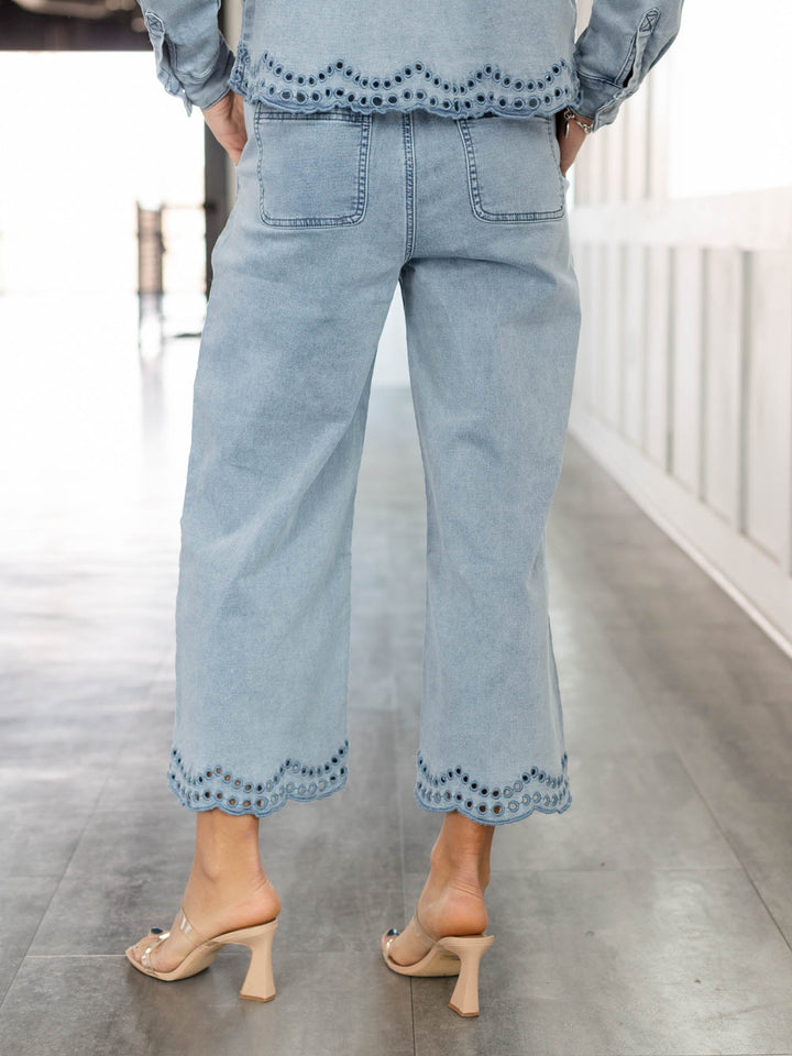 lightweight denim with scalloped eyelet hem
