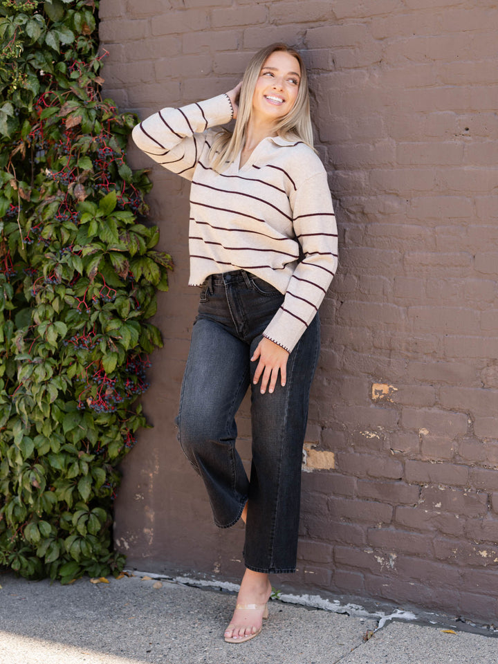 tan and wine striped collared sweater