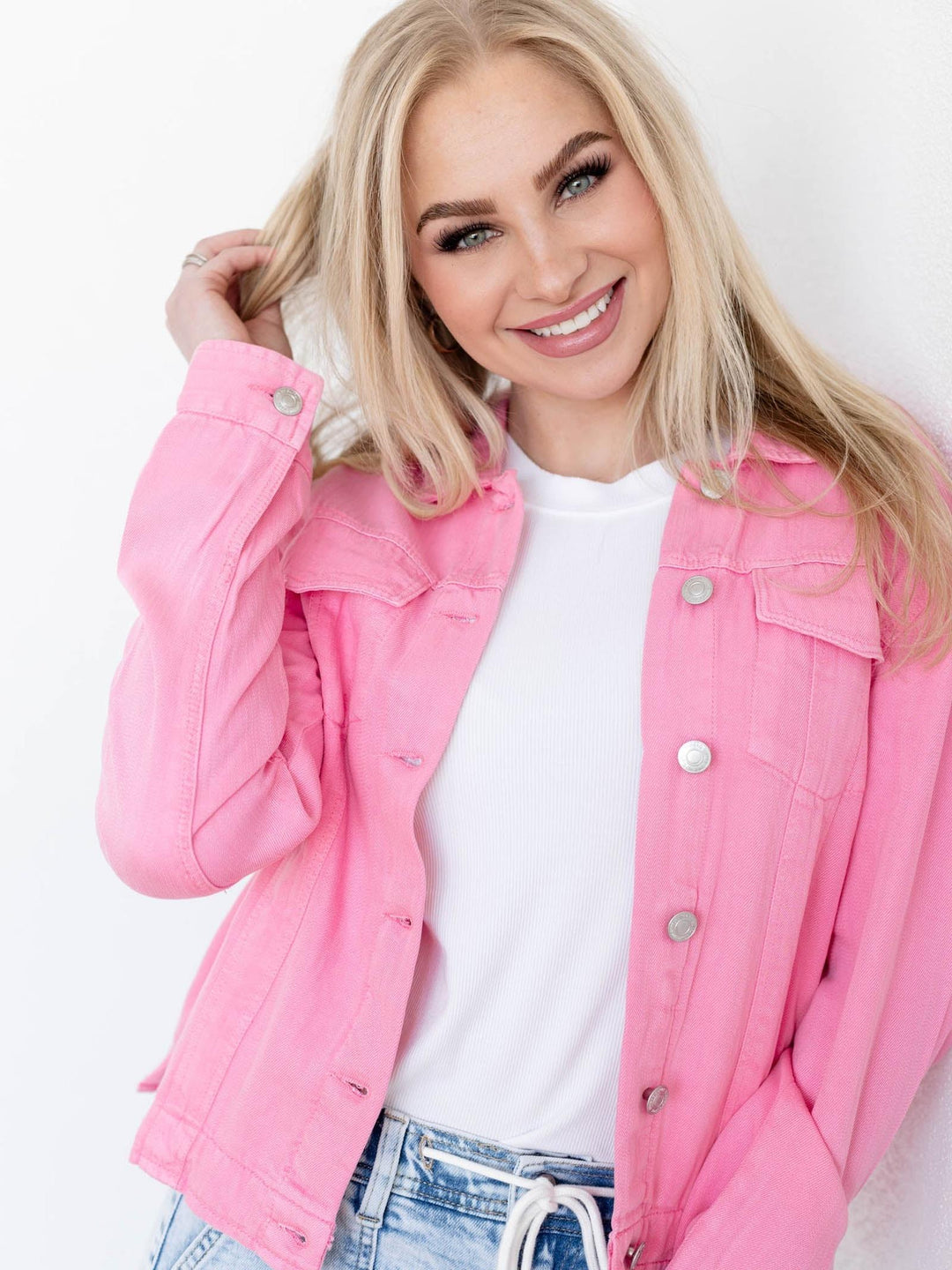 pink denim jacket