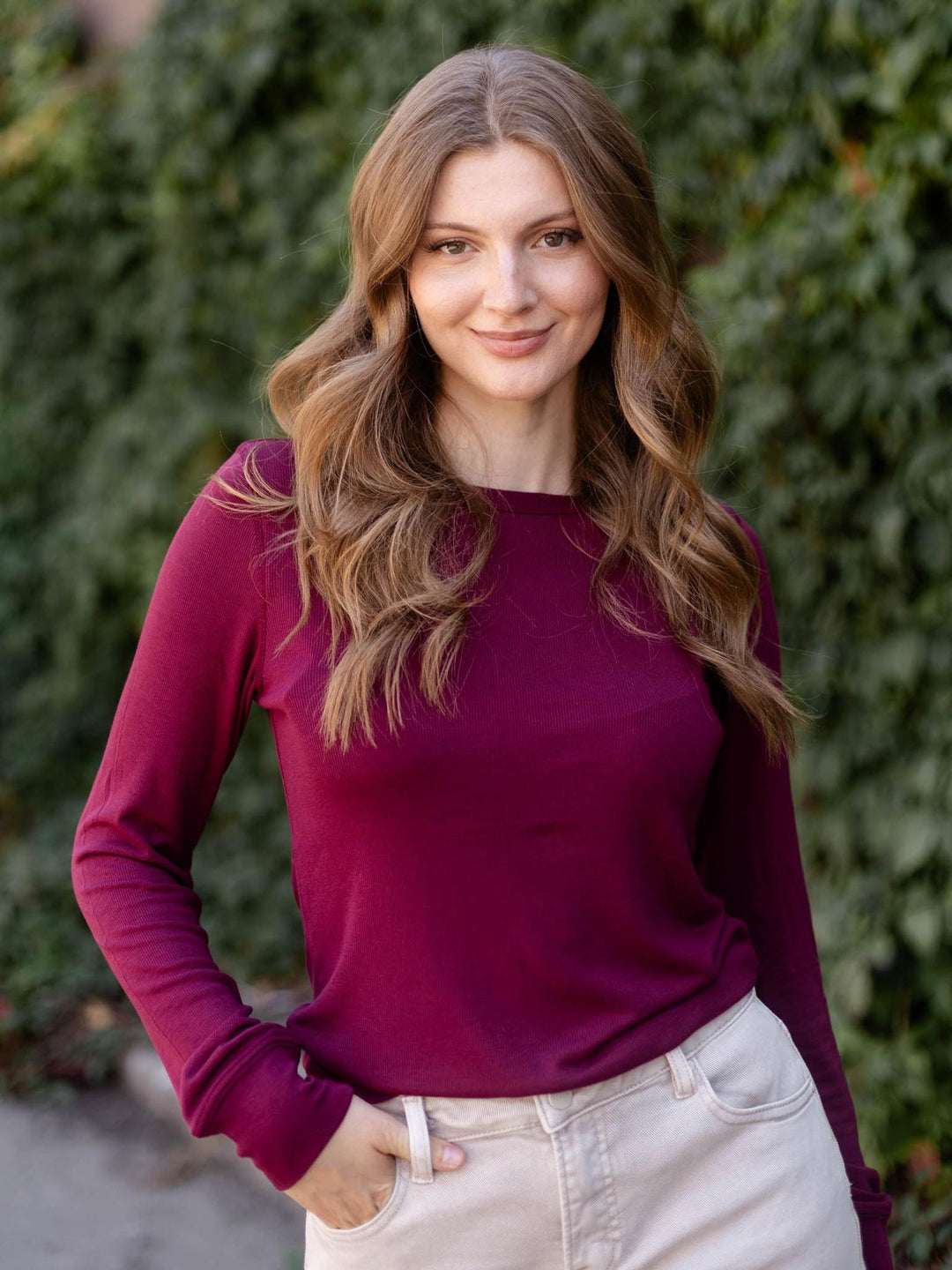burgundy shirt