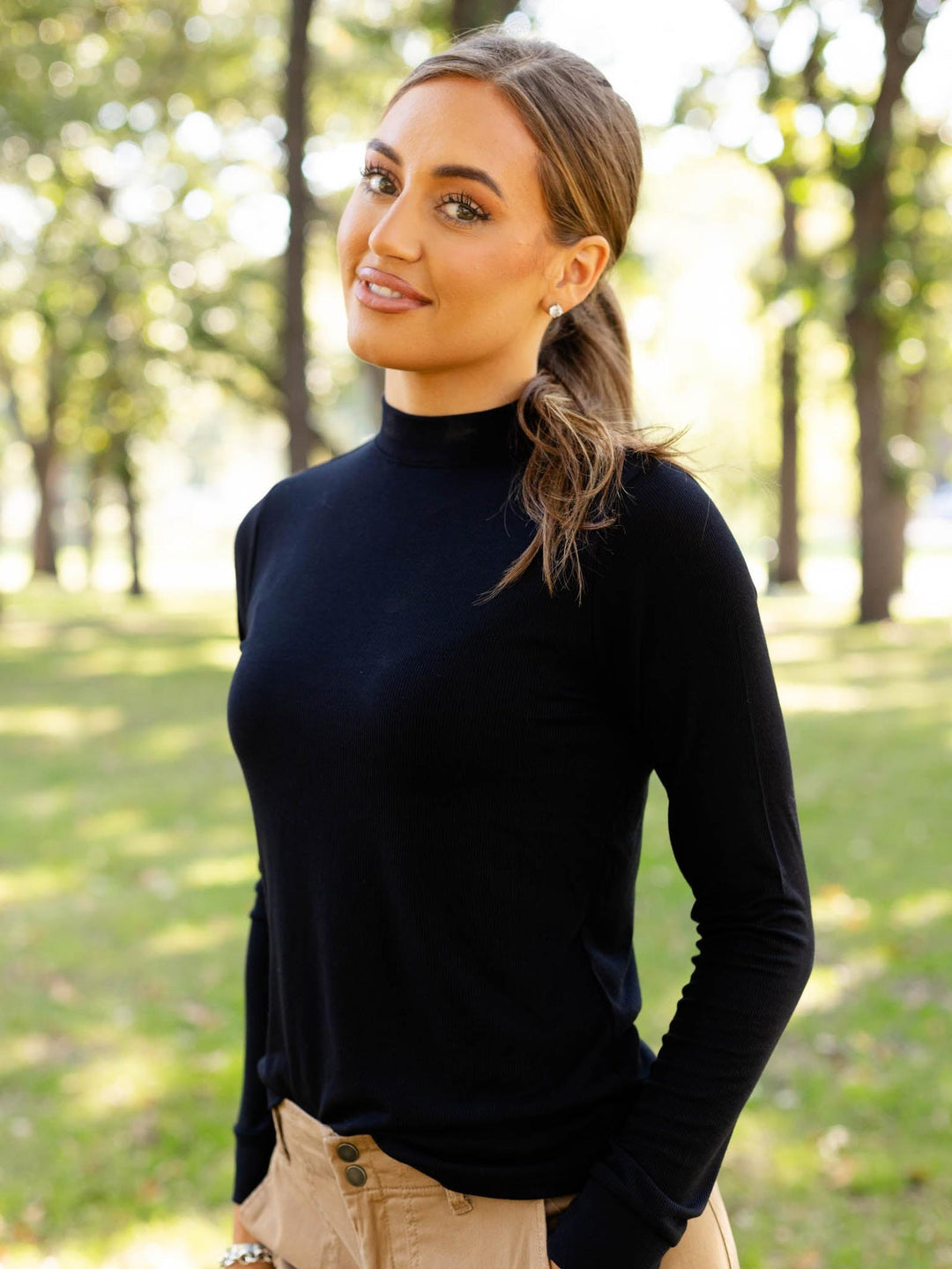 black mock neck basic long sleeve
