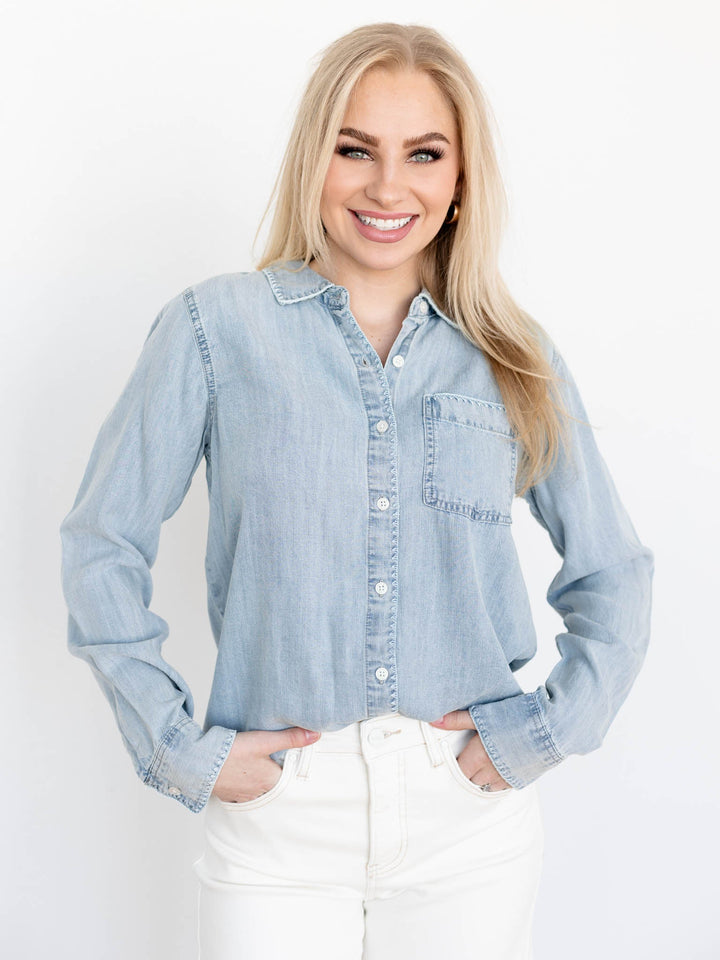 flowy denim button down