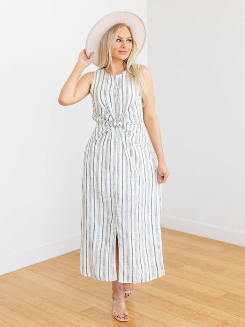 black and white woven stripe midi dress