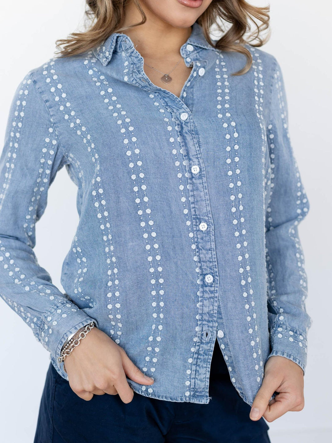 denim flower button down