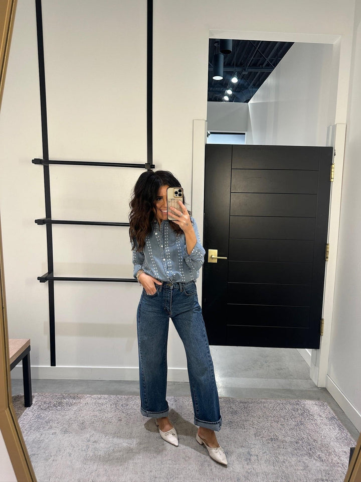 denim flower button down