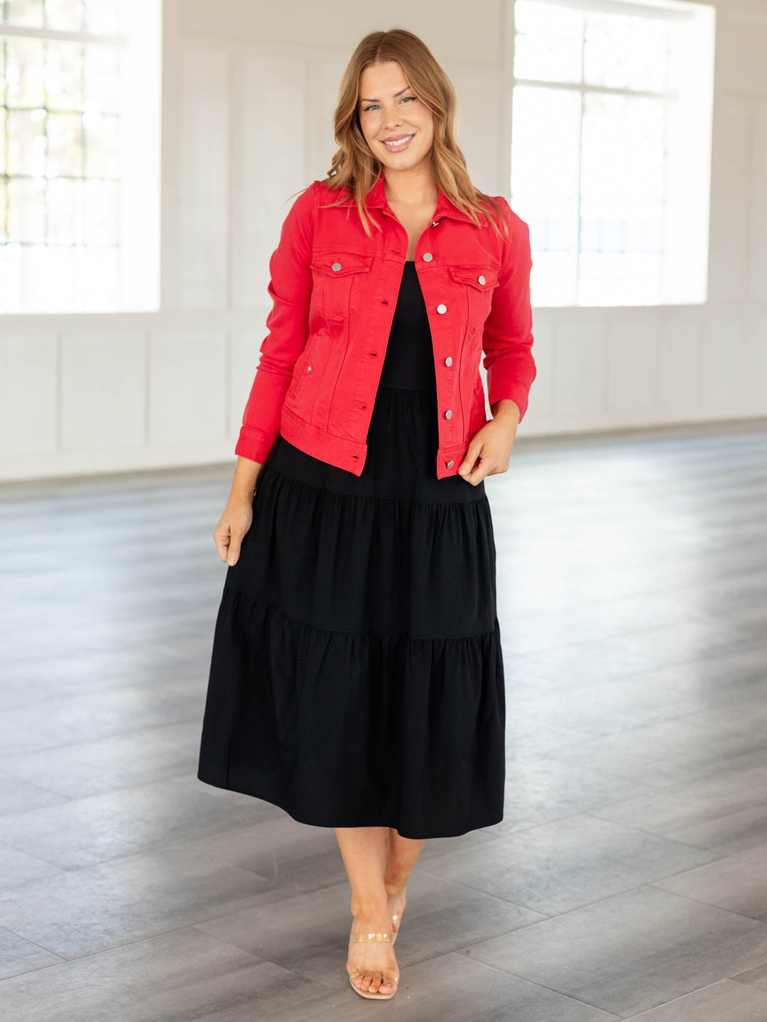 black dress red jacket 