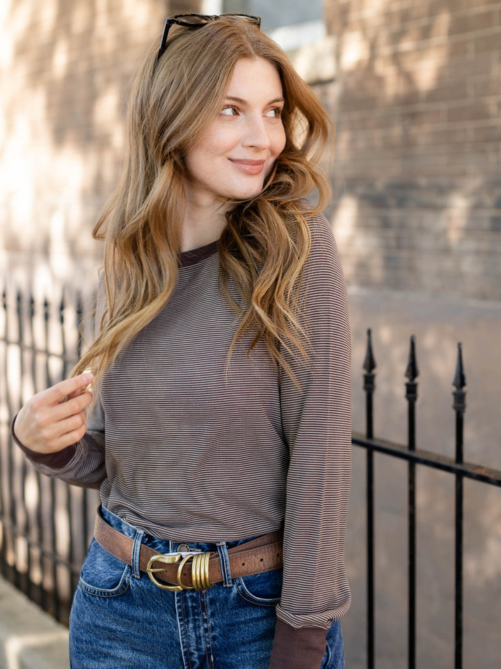 brown and white stripe long sleeve top