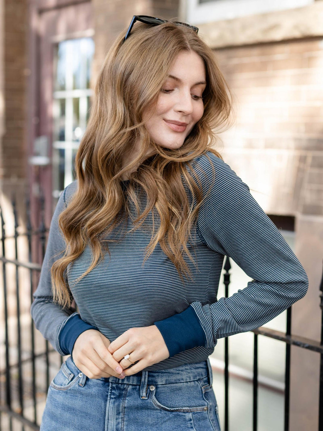navy and white stripe ribbed long sleeve