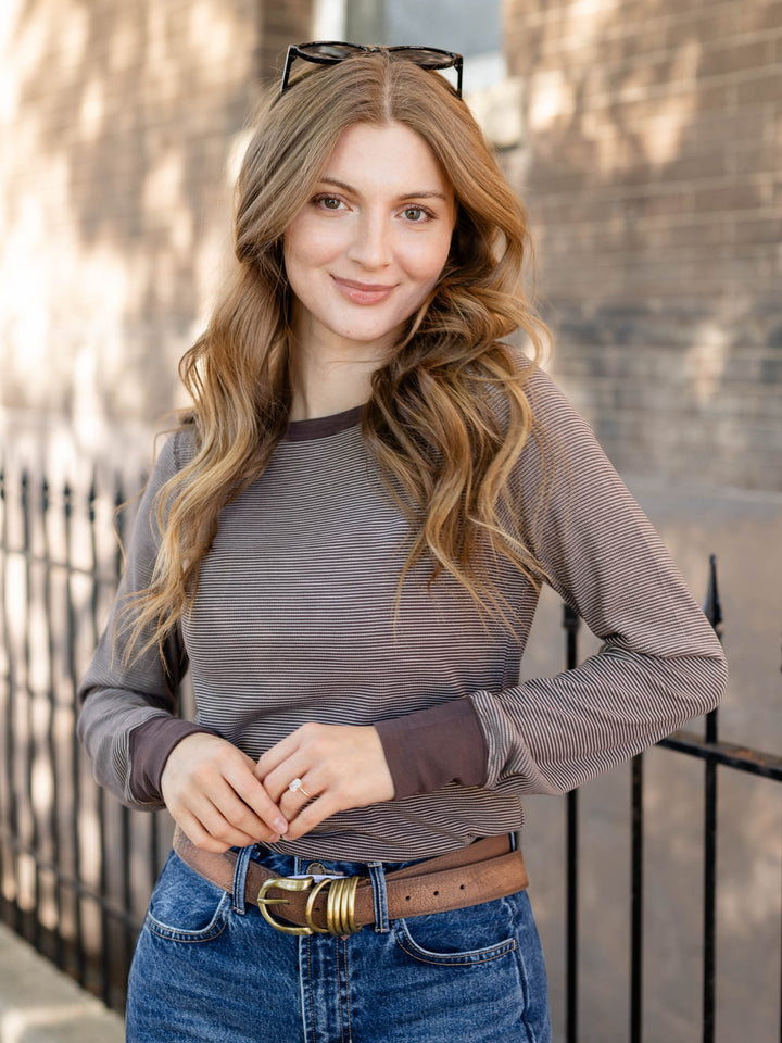 brown and white stripe long sleeve top
