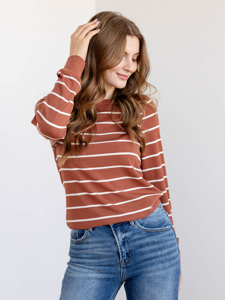 brown and white stripe basic long sleeve