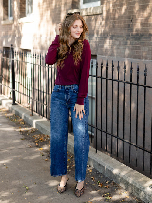 wine colored long sleeve top