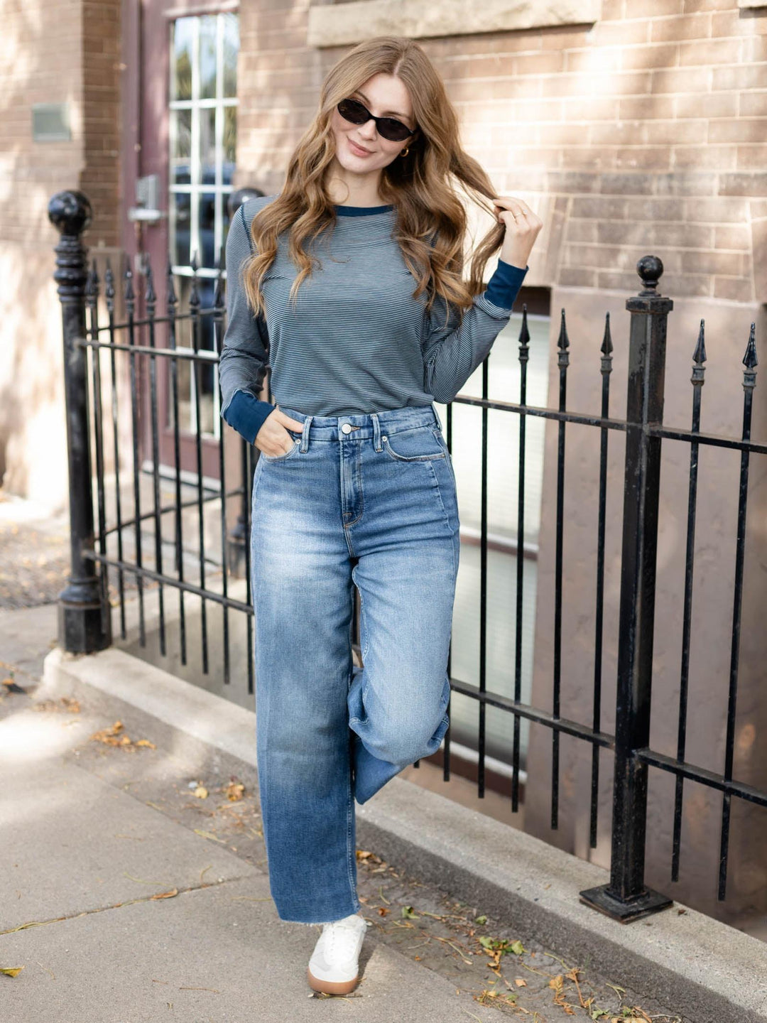 navy and white stripe ribbed long sleeve