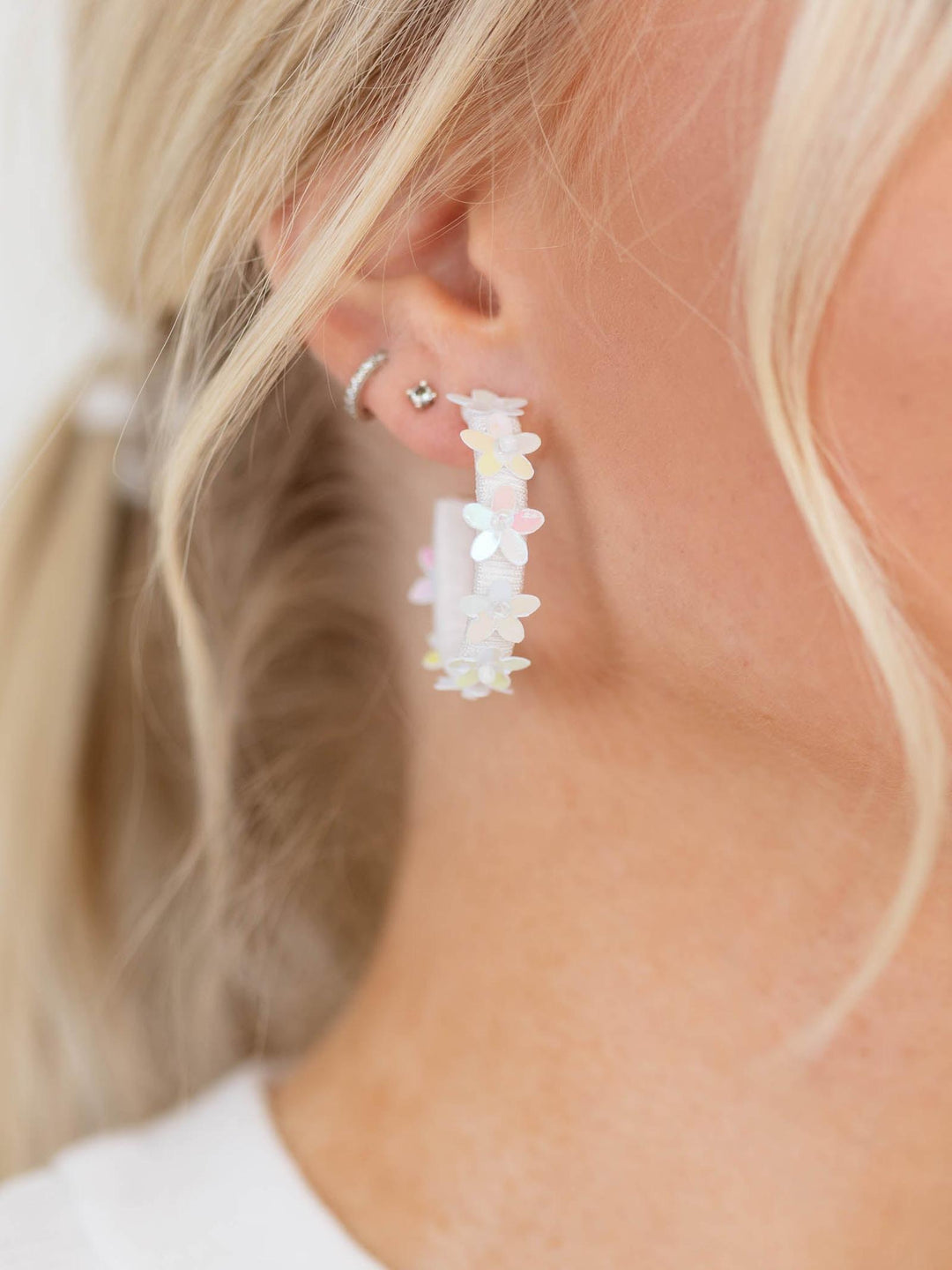 Thread Wrapped Sequin Flower HoopsEarrings