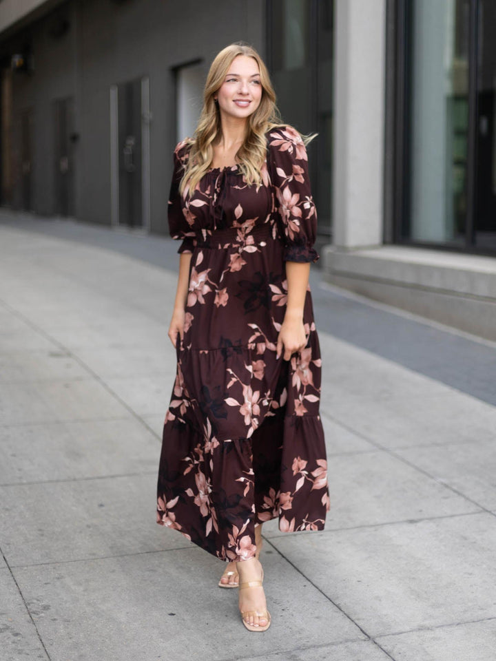 Tiered Woven Floral Print Smocked Waist Maxi Dress
