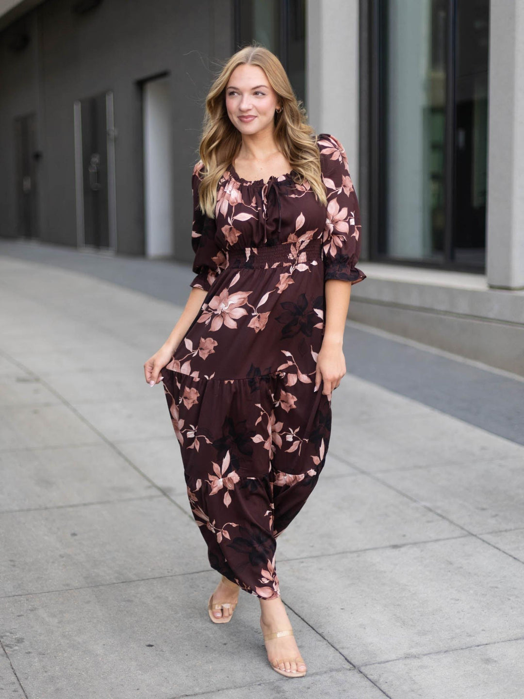 Tiered Woven Floral Print Smocked Waist Maxi Dress