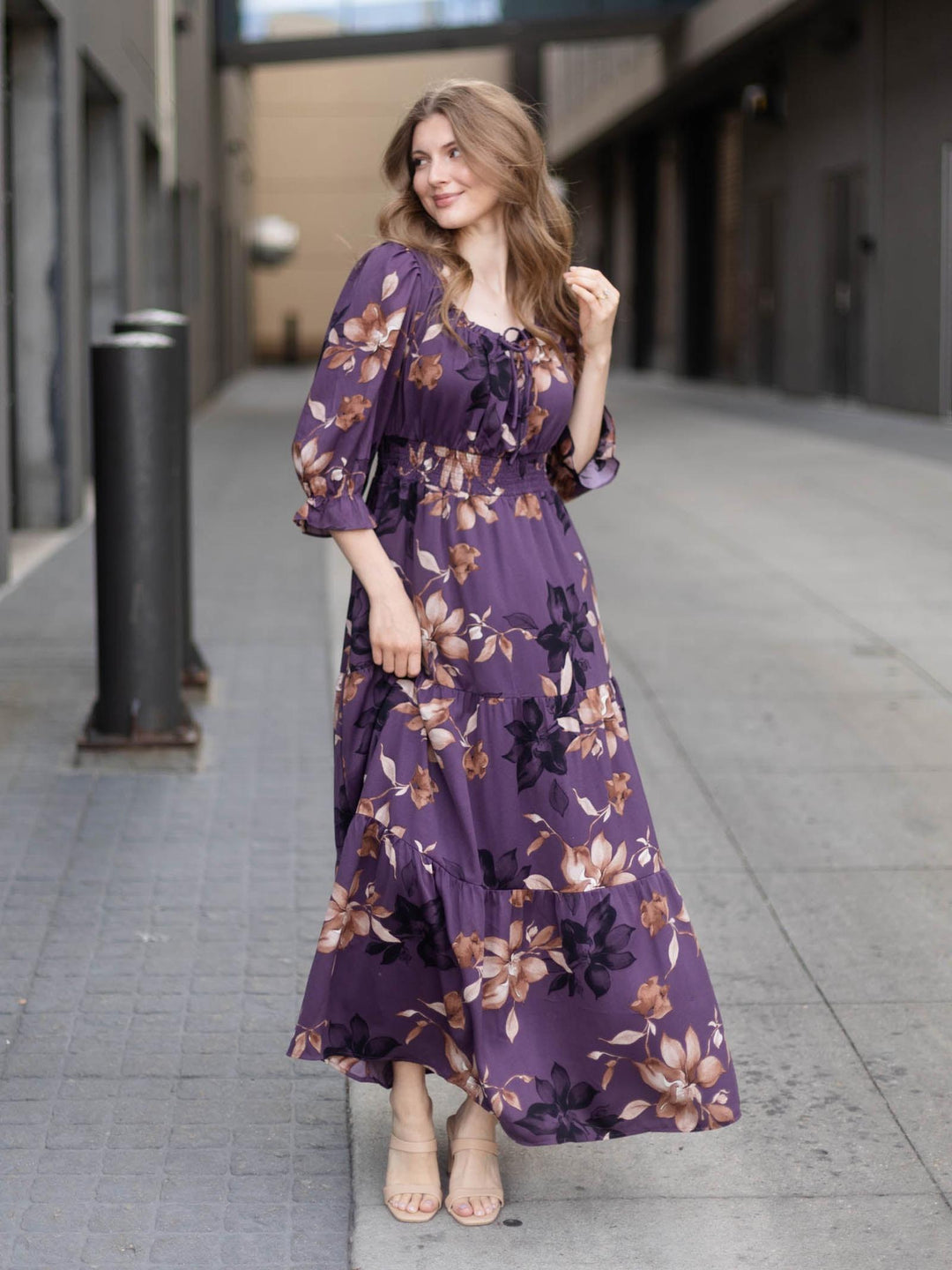 Tiered Woven Floral Print Smocked Waist Maxi Dress