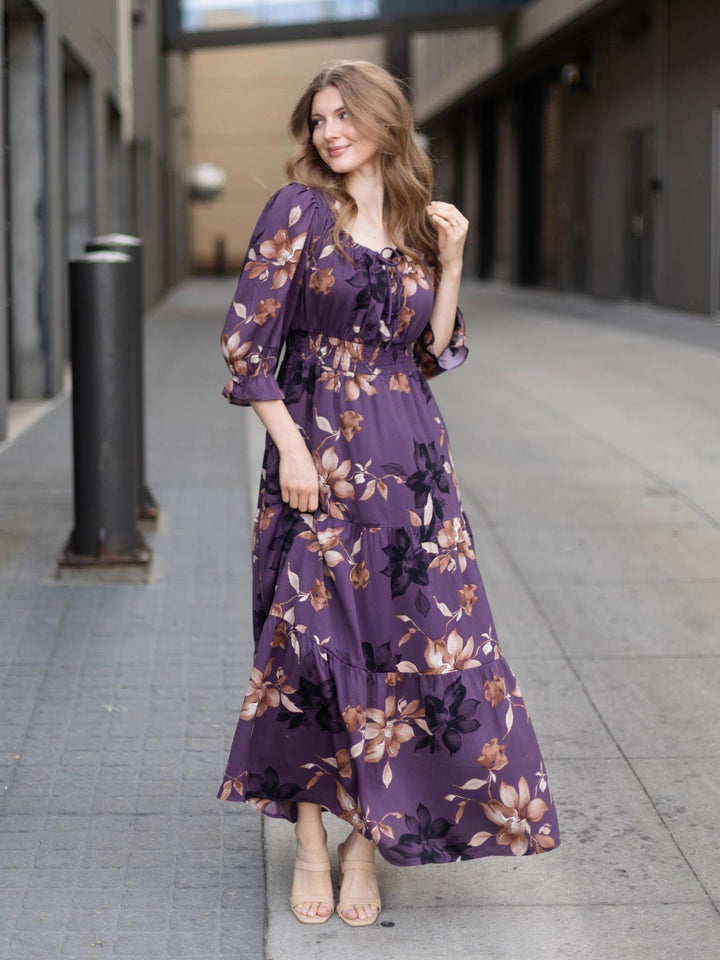 Tiered Woven Floral Print Smocked Waist Maxi Dress