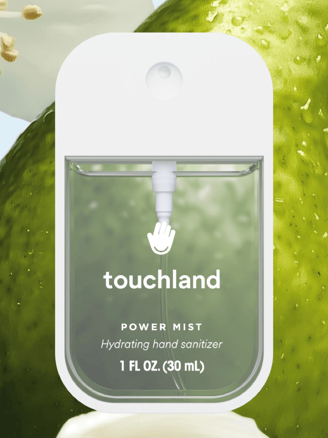 Touchland power mist hydrating hand sanitizer packaging with a green background