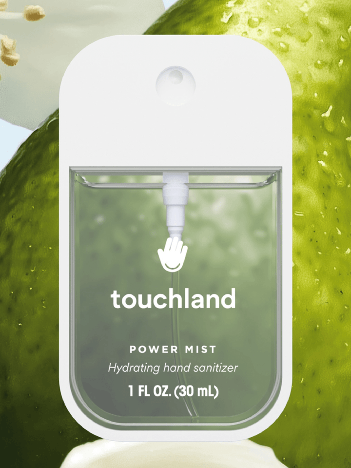 Touchland power mist hydrating hand sanitizer packaging with a green background