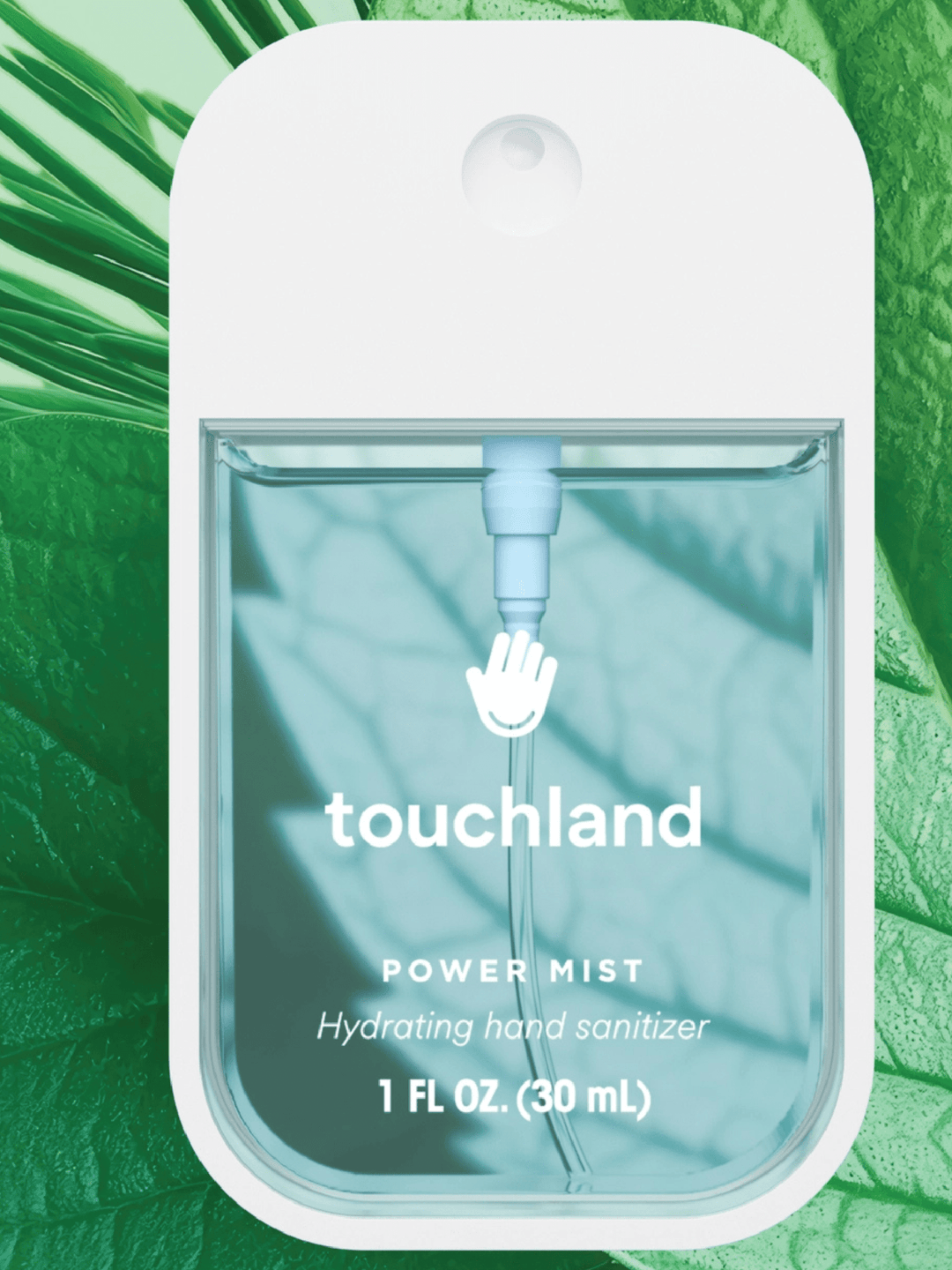 Touchland power mist hydrating hand sanitizer packaging on a green leaf background