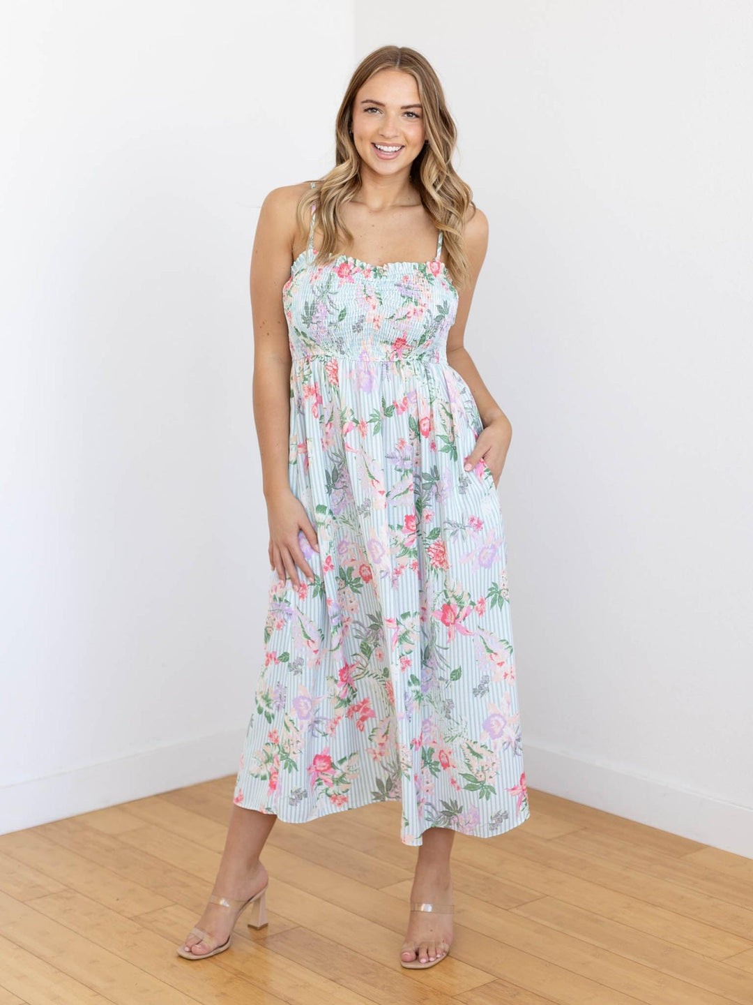 colorful smocked floral midi dress