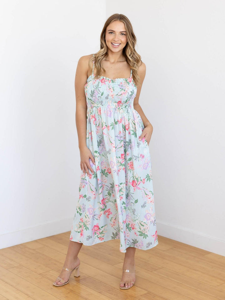 colorful smocked floral midi dress
