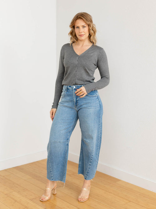 gray button front lightweight cardigan