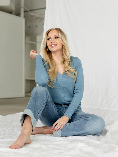 blue v-neck button down cardi