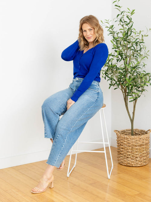 bright blue button down cardigan