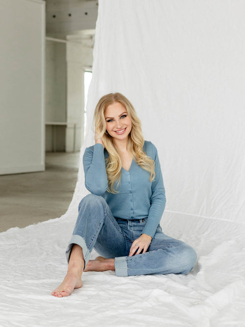 blue v-neck button down cardi