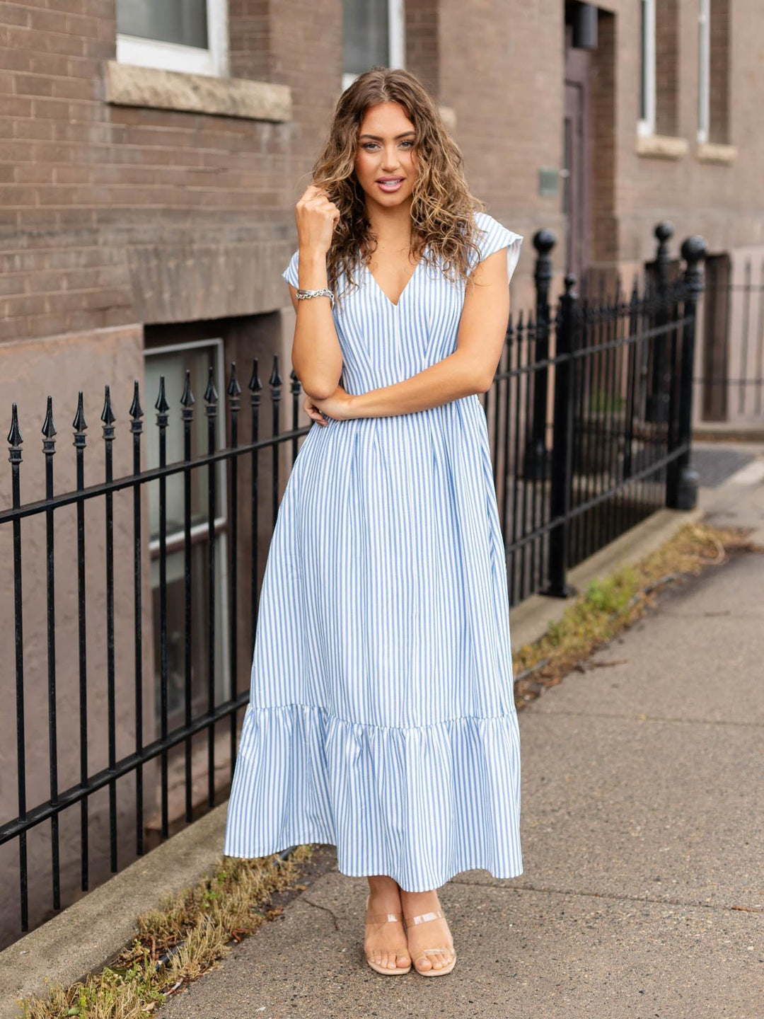 Striped Pleated Maxi Dress — V-Neck, Cap Sleeve & Pockets