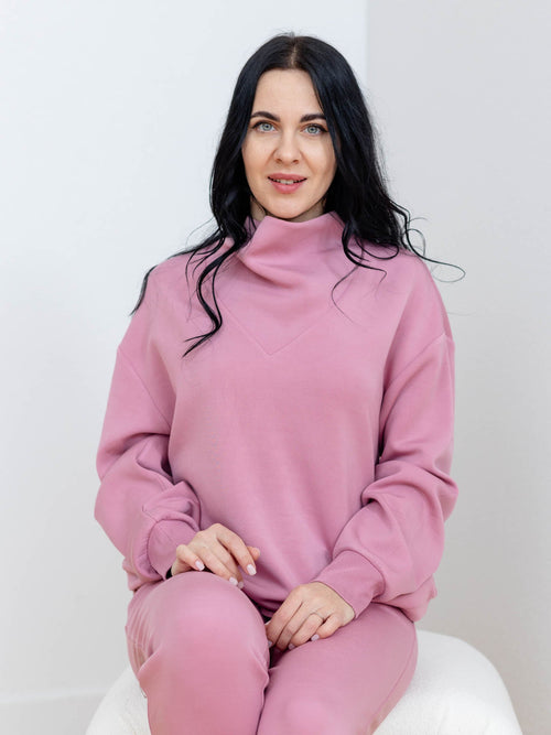 spring pink cowl neck boxy sweatshirt