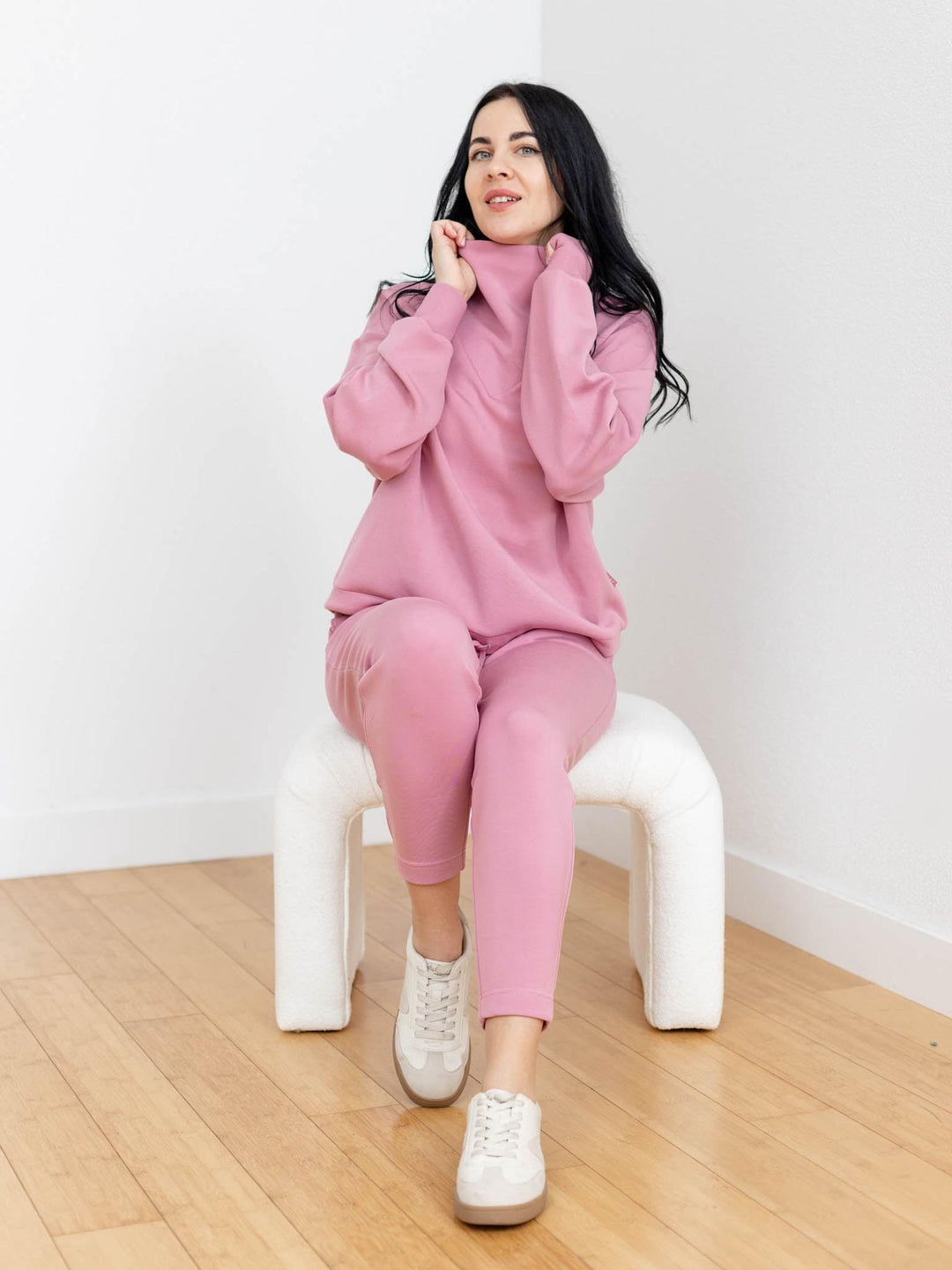 spring pink cowl neck boxy sweatshirt