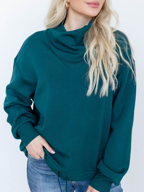 dark green funnel neck drawstring hem sweatshirt