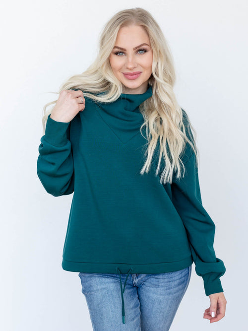 dark green funnel neck drawstring hem sweatshirt