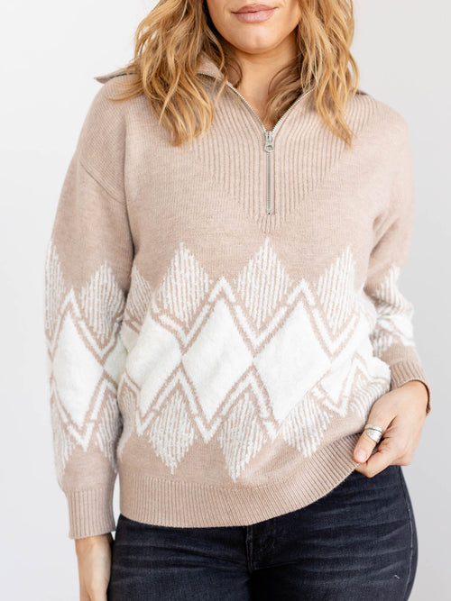 neutral chevron half zip sweater