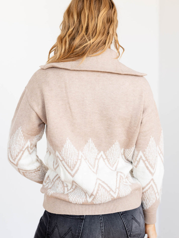 neutral chevron half zip sweater