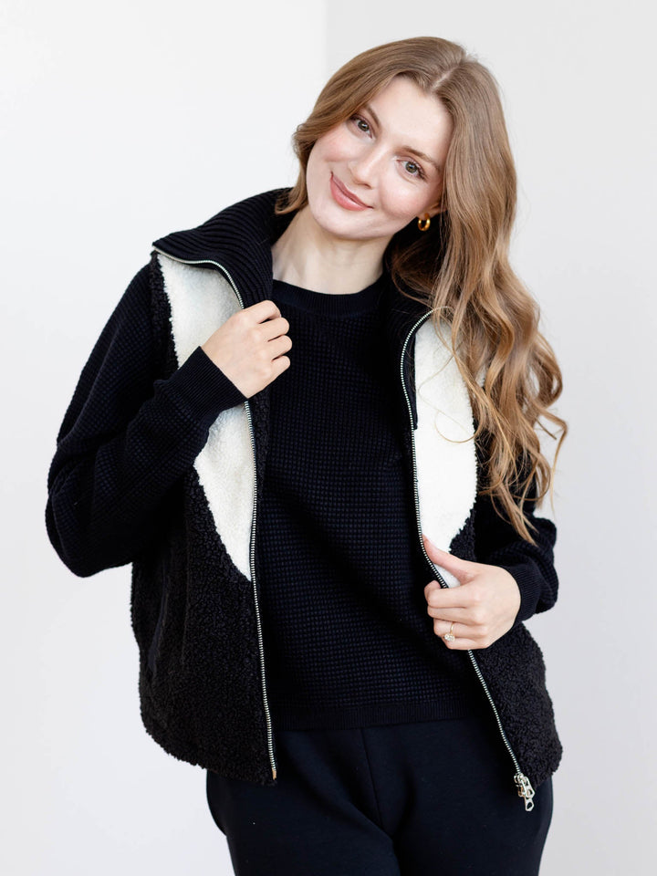 black and white sherpa zip up vest