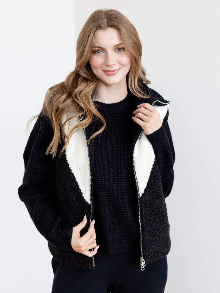 black and white sherpa zip up vest