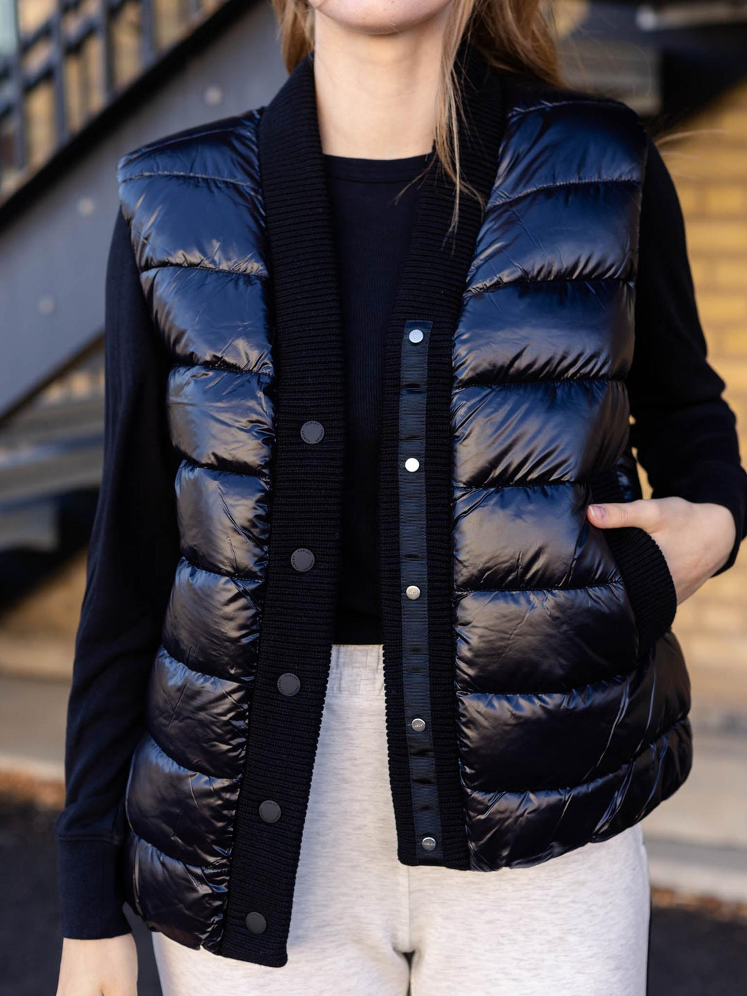puffy black shiny vest