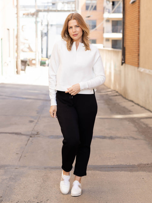 white half zip collarless sweater
