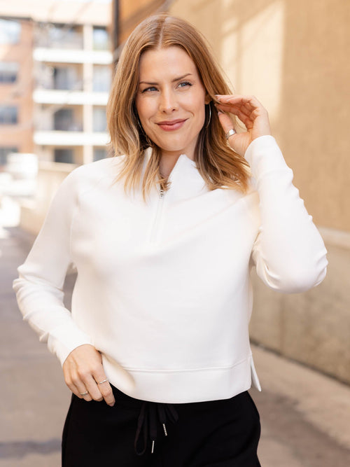 white half zip collarless sweater