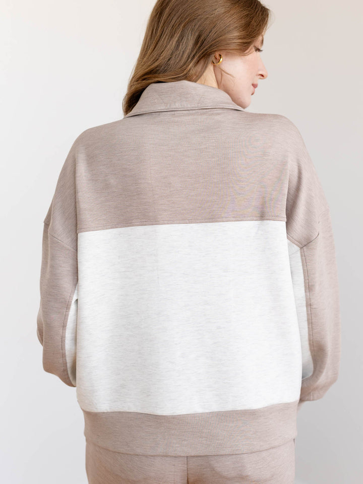 two tone neutral zip up sweatshirt