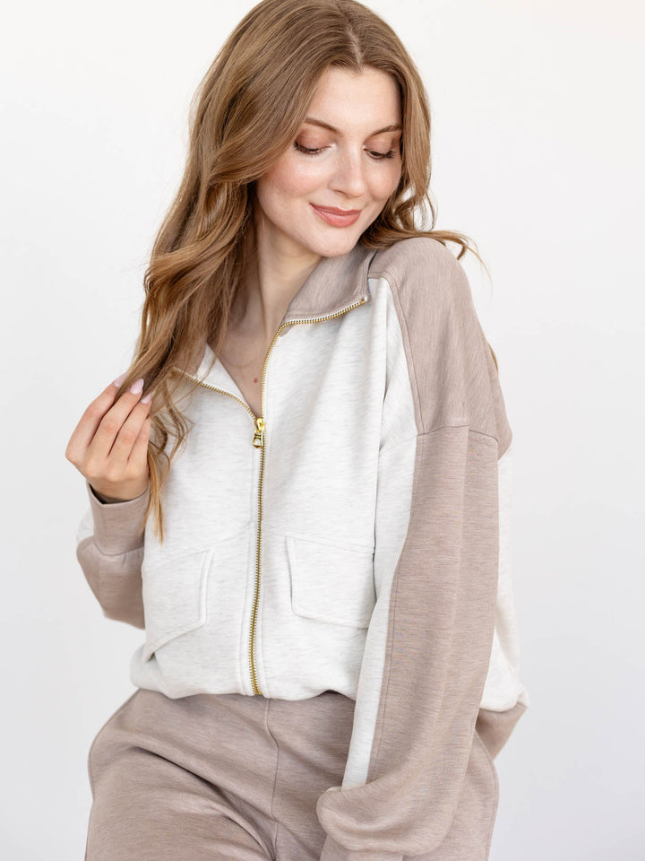 two tone neutral zip up sweatshirt