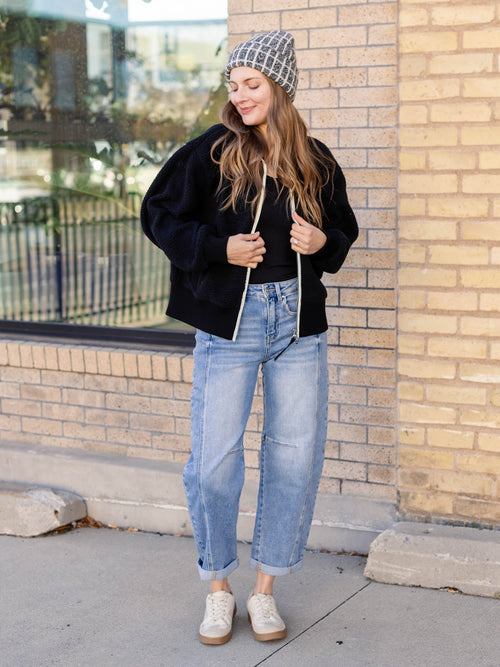 black and white trim sherpa jacket