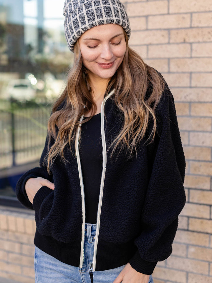 black and white trim sherpa jacket