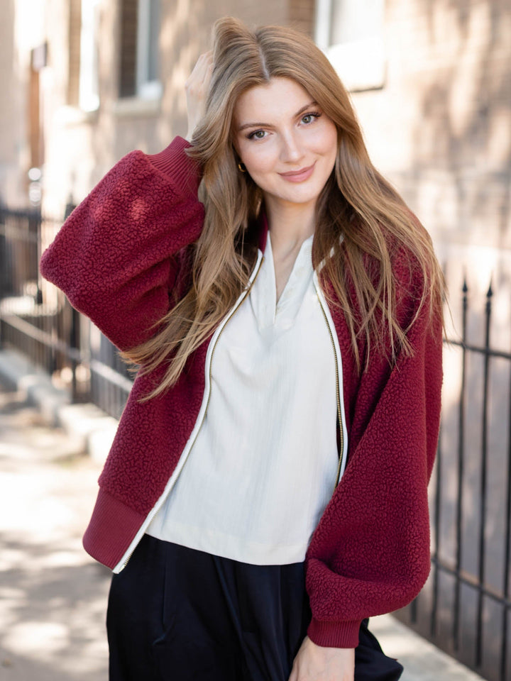 maroon piping zip front jacket