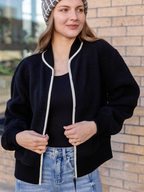 black and white trim sherpa jacket