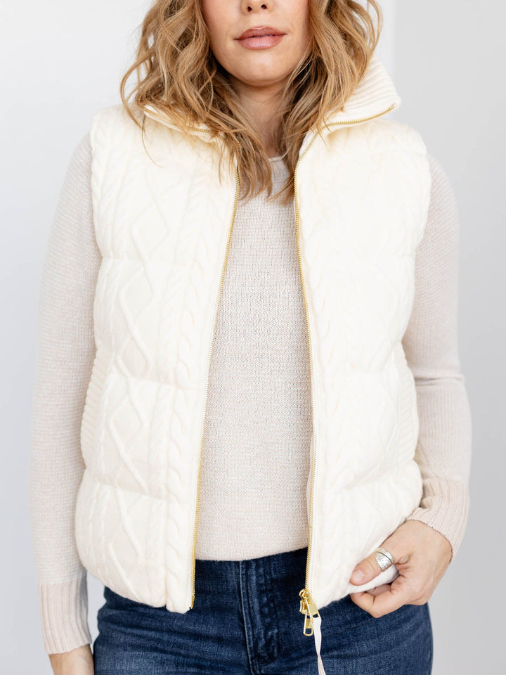 cable knit zip front vest