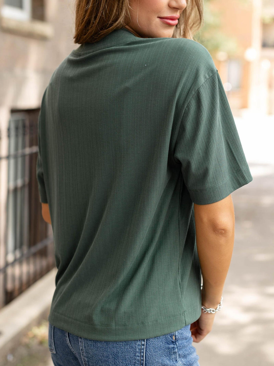 ribbed olive half button top